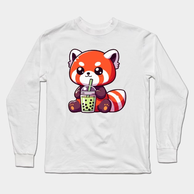 cute red panda drink green boba Long Sleeve T-Shirt by fikriamrullah